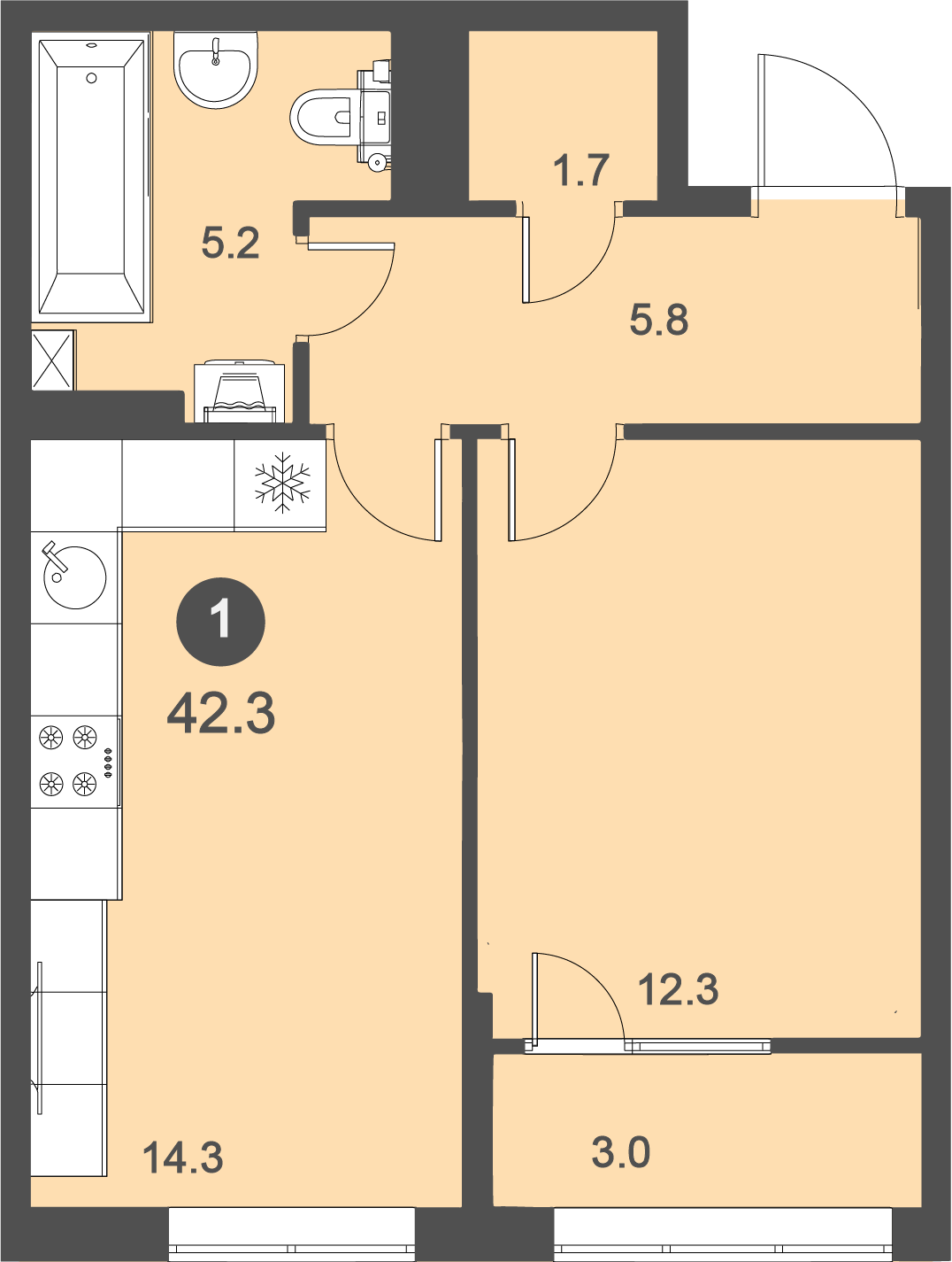 ЖК Дом на Бульваре, 1-комн кв 42,3 м2, за 5 329 800 ₽, 1 этаж